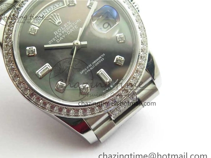 MiroTime 0309 SmoothTexture Day-Date 36mm 128239 SS Crystal BP Best Edition Black MOP Crystal Marker Dial on SS President Bracelet A 2681